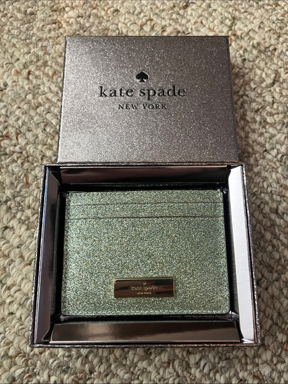 kate spade Glitter Card Case in Mint Green with Gold Plaque